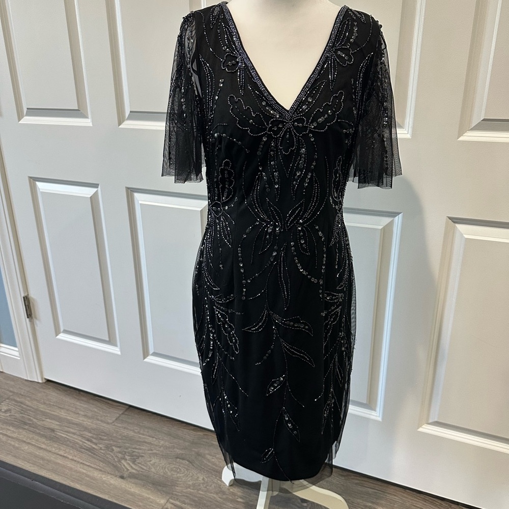 Adrianna Papell Black Beaded Midi Dress